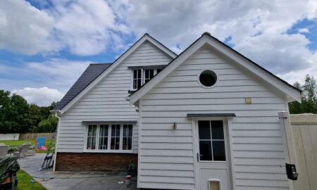 Beautifully decorated white exterior of a large family home in Little Waltham, Chelmsford by Lord Hart Decorating