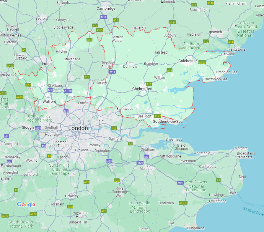 Map showing the service areas of Lord Hart Decorating, covering Essex and Hertfordshire for interior and exterior painting, wallpapering, and spray decorating.